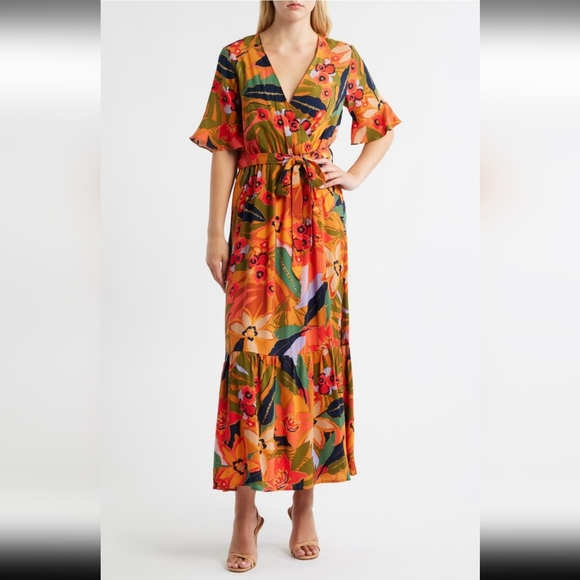 Halogen Dresses & Skirts - Floral Wrap Maxi Dress Halogen Medium Orange V Neck Rayon